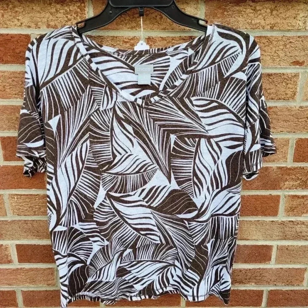 Chico's 100% Linen Shirt Women's Size Medium Brown and White Leaves